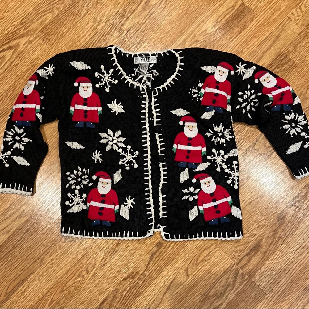 NEW NWT Segue Black Holiday Cardigan‎ Felt Santa Appliqué Embroidered Snowflakes